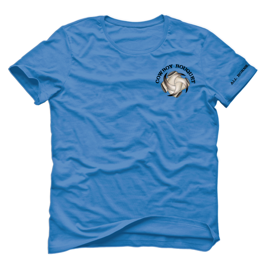Carolina blue unisex tshirt with the Cowboy Bouquet brand on the pocket side and the left sleeve