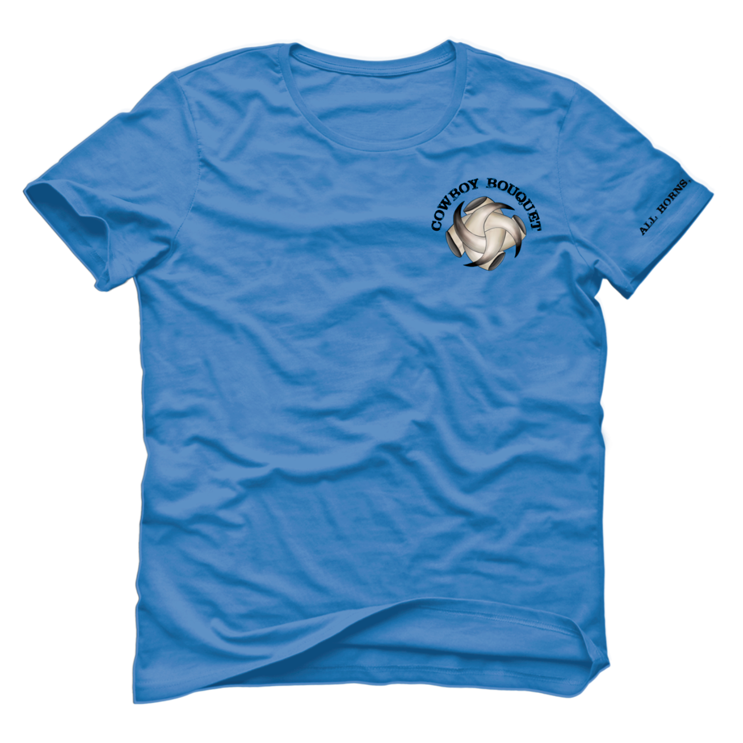 Carolina blue unisex tshirt with the Cowboy Bouquet brand on the pocket side and the left sleeve
